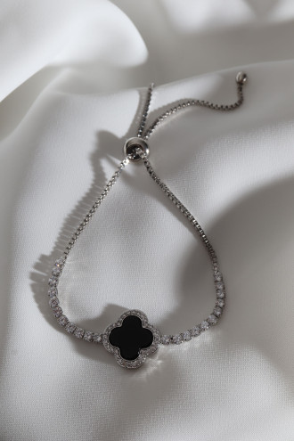 Siyah Mineli Yonca Asansörlü Gümüş Renk Bileklik