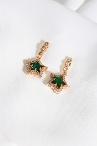 Yeşil Taşlı Sallantılı Gold Renk Yıldız Küpe