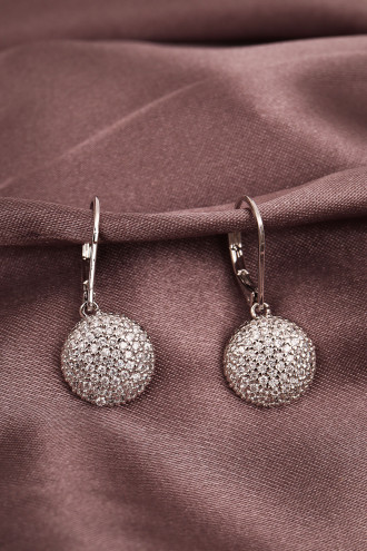 Yuvarlak Zircon Taşlı Sallantılı Gümüş Renk Abiye Küpe