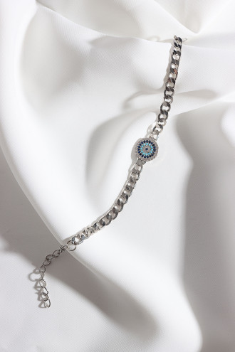 Zircon Taşlı Nazarlı Gümüş Renk Zincir Bileklik