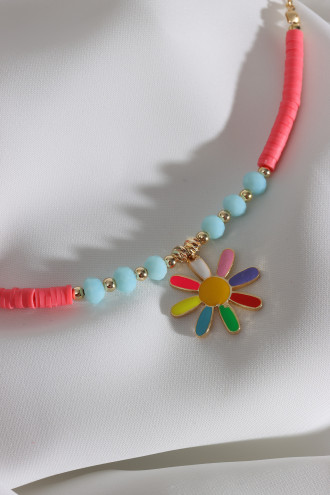 Pembe Fimo Boncuklu Renkli Mineli Papatya Bileklik