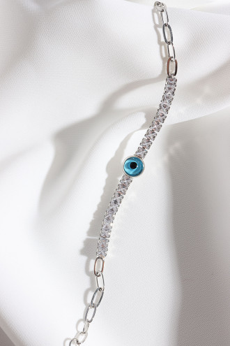 Kare Küçük Zircon Taşlı Nazar Boncuklu Gümüş Renk Zincir Bileklik