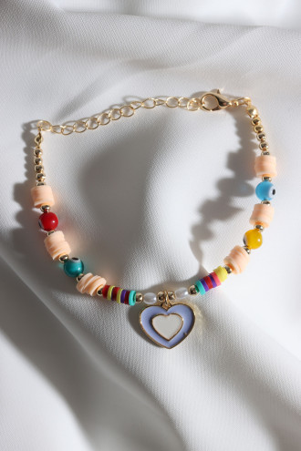 Krem Fimo Boncuklu Lila Mineli Kalp Bileklik