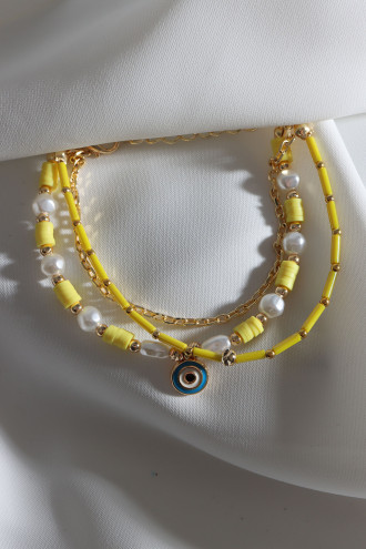 Sarı Fimo Boncuklu İnci Detay 3'Lü Nazar Boncuklu Bileklik