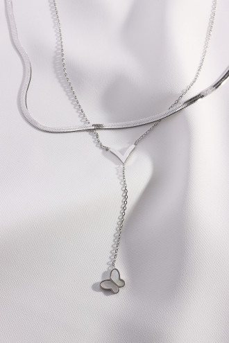 Ikili Kelebek Sallantılı Çelik Gümüş Renk Kolye