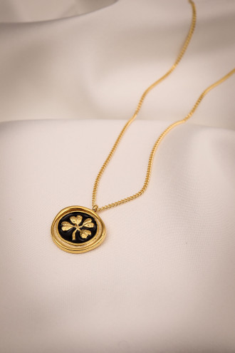 Siyah Mineli Yonca Figür Gold Renk Kolye