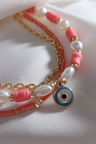 Pembe Fimo Boncuklu İnci Detay 3'Lü Nazar Boncuklu Bileklik