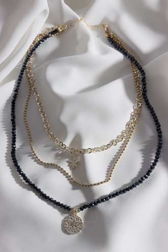 Antrasit Kristal Taşlı 3'Lü Gold Renk Kolye