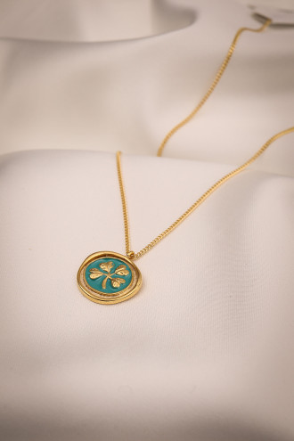 Mavi Mineli Yonca Figür Gold Renk Kolye