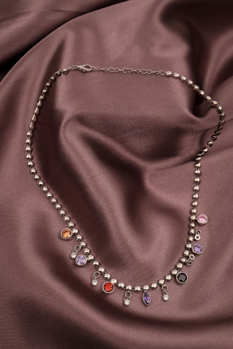 Renkli Sıra Taşlı Gümüş Renk Kolye