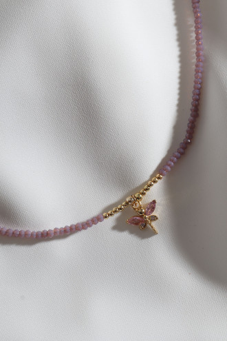 Lila Boncuklu Yusufcuk Uç Gold Renk Kolye