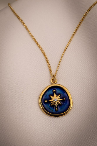 Lacivert Mineli Kutup Yıldızı Figürlü Gold Renk Kolye