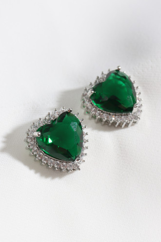 Yeşil Taşlı Gümüş Renk Kalp Küpe