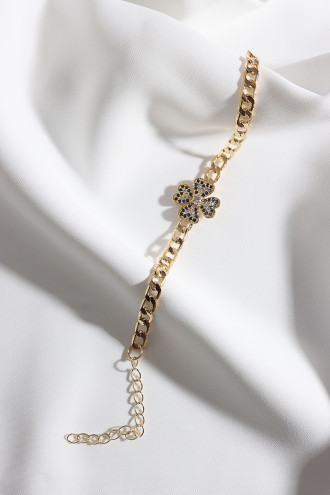 Beyaz-Lacivert Zircon Taşlı Gold Renk Yonca Zincir Bileklik