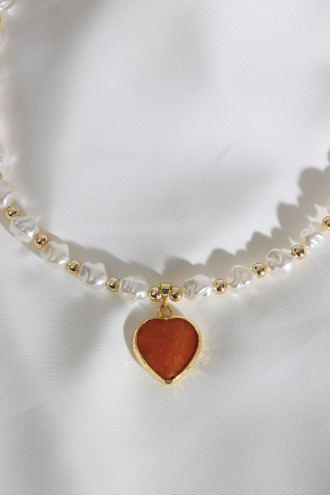 Turuncu Renk Kalp Taşlı İnci Kolye