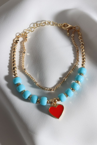 Mavi Boncuklu Kırmızı Mineli Kalp Uçlu Bileklik