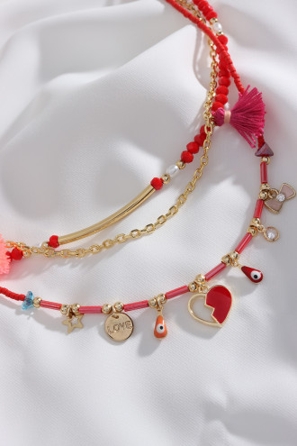 3'Lü Gold Renk Zincir Detaylı Kırmızı Boncuk Charm Kolye