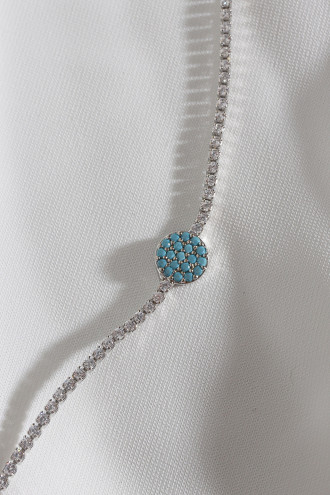 Turkuz Taşlı Yuvarlak Figür Zircon Taş Gümüş Renk Suyolu Bileklik