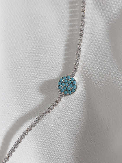 Turkuz Taşlı Yuvarlak Figür Zircon Taş Gümüş Renk Suyolu Bileklik