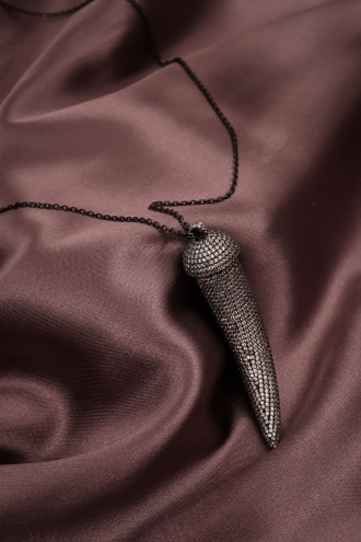 Zircon Taşlı Fil Dişi Uzun Zincirli Antrasit 925 Ayar Gümüş Kolye 29Gr