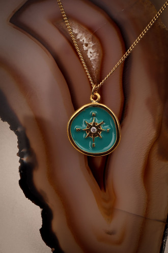 Mavi Mineli Kutup Yıldızı Figürlü Gold Renk Kolye