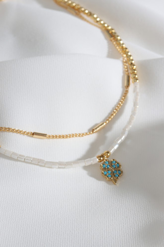 Yonca Uçlu Beyaz Boncuklu Gold Renk Halhal