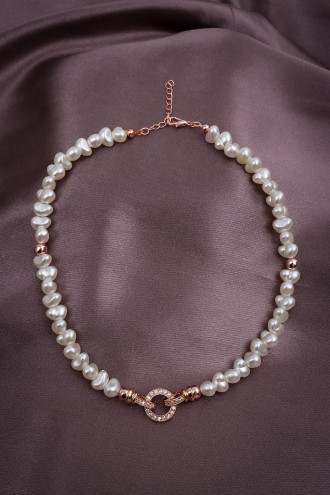 Taşlı Oval Halka Uçlu Rose Inci Kolye