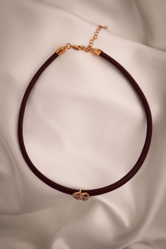 Bordo Yumuşak Deri Rose Renk Zircon Taşlı Choker
