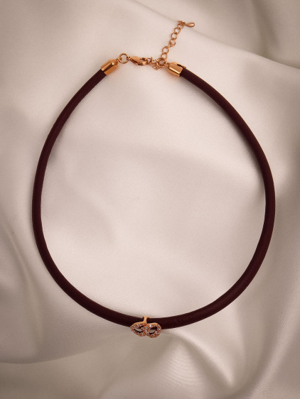 Bordo Yumuşak Deri Rose Renk Zircon Taşlı Choker
