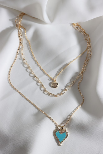 Mavi Mineli 3'Lü Gold Renk Alevli Kalp Zincir Kolye