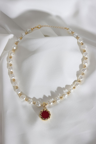 Gold Renk Bordo Taşlı Inci Kolye