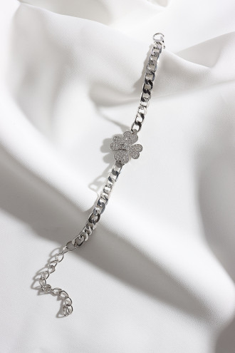 Beyaz Zircon Taşlı Gümüş Renk Yonca Zincir Bileklik