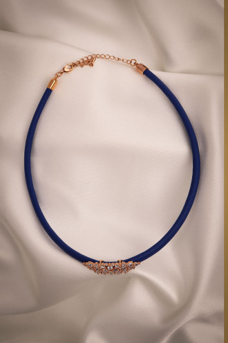 Mavi Yumuşak Deri Rose Zircon Taşlı Choker