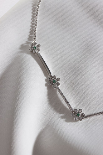 Çiçek Figürlü Asansörlü Zircon Taşlı Gümüş Renk Abiye Kolye