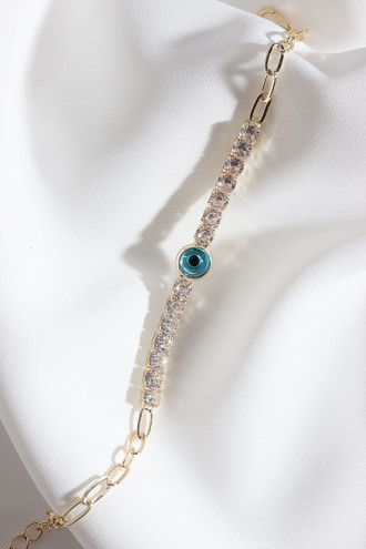 Kare Zircon Taşlı Nazar Boncuklu Gold Renk Zincir Bileklik