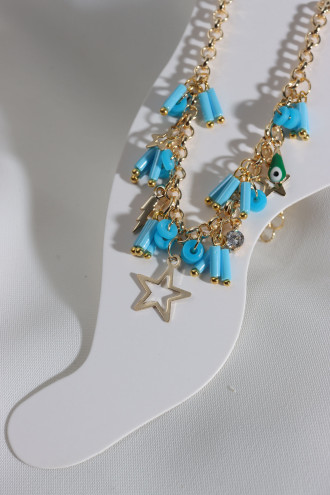 Mavi Boncuk Sallantılı Gold Renk Halhal