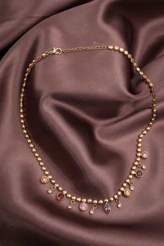 Renkli Sıra Taşlı Gold Renk Kolye