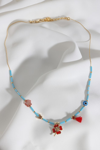 Yonca Uçlu Kırmızı Yıldızlı Mavi Kolye