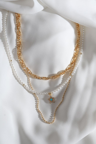 3'Lü Inci Detay Mavi Mineli Yıldız Uçlu Gold Renk Zincir Kolye