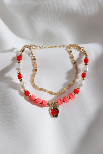 2'Li Kırmızı Boncuklu Çilek Figür Bileklik