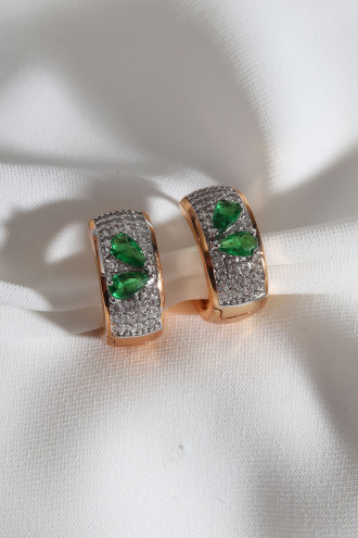 Yeşil Taş Detaylı Rose Renk Halka Küpe