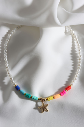 Gold Renk Yıldız Uçlu Inci Detay Renkli Fimo Kolye