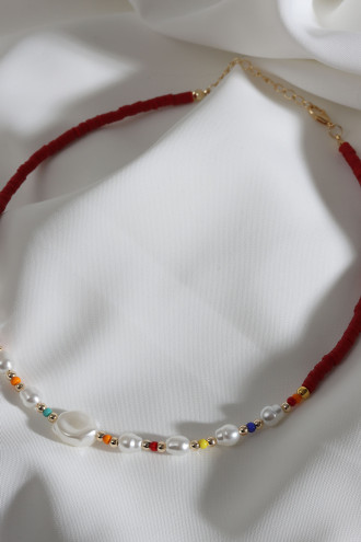 Kırmızı Fimo İnci Detay Boncuk Kolye