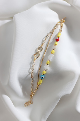 3'Lü Sarı Fimo Boncuklu Sonsuzluk Aparatlı Gold Renk Bileklik