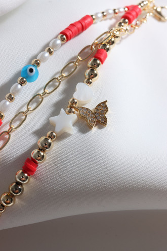 3Lü Kelebek Uçlu Kırmızı Renk Fimo Boncuklu Bileklik