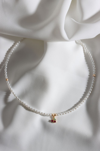 İnci Kırmızı Taşlı Kiraz Kolye