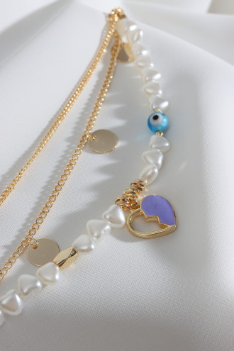 3'Lü Mor Mineli Kalp Uçlu Inci  Bileklik