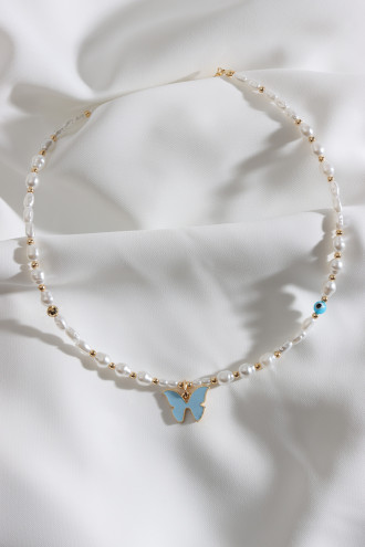 Mavi Kelebek Uçlu İnci Kolye