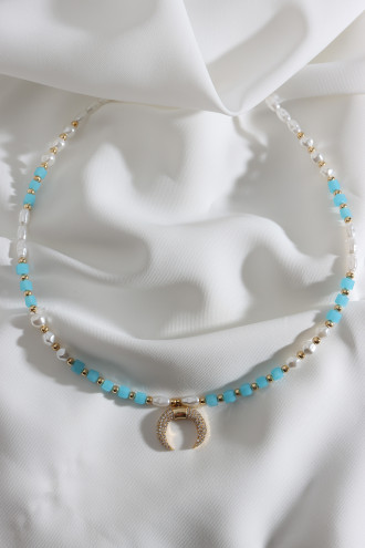 Zircon Taşlı İnci Detay Mavi Ay Kolye