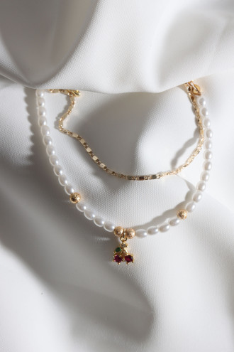 2'Li İnci Ve Gold Renk Zincirli Kırmızı Taşlı Kiraz Bileklik